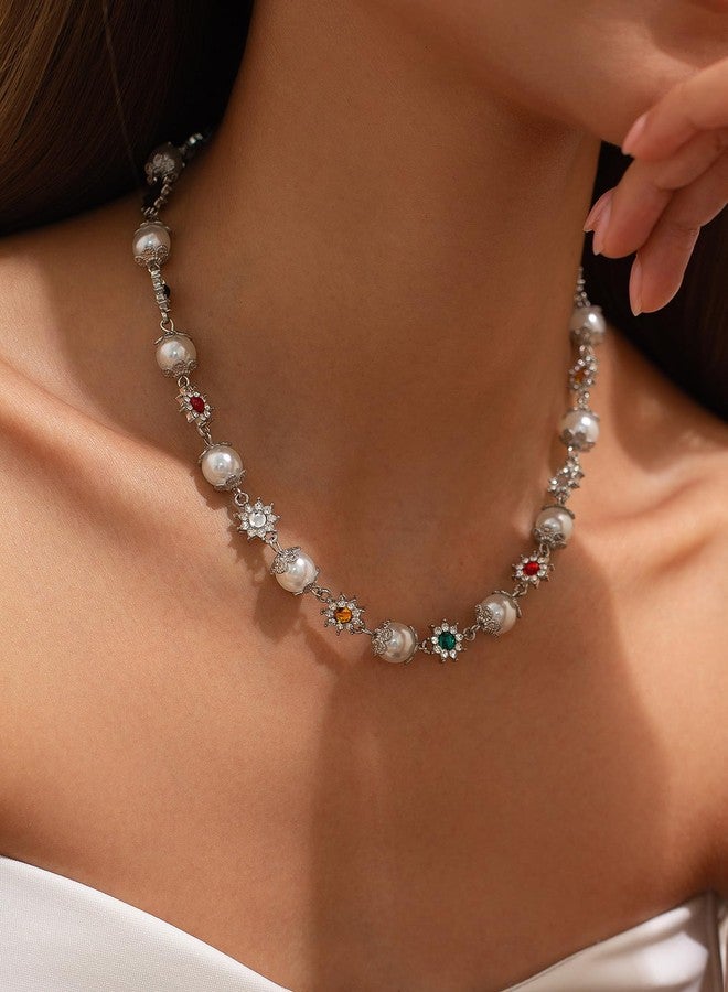 Bowdcvy Gold Pearl Choker Necklace for Women Colorful Daisy Rhinestone Flower Chunky Statement Necklaces Fashion Jewelry Gift Accessories (silver) - Image 3